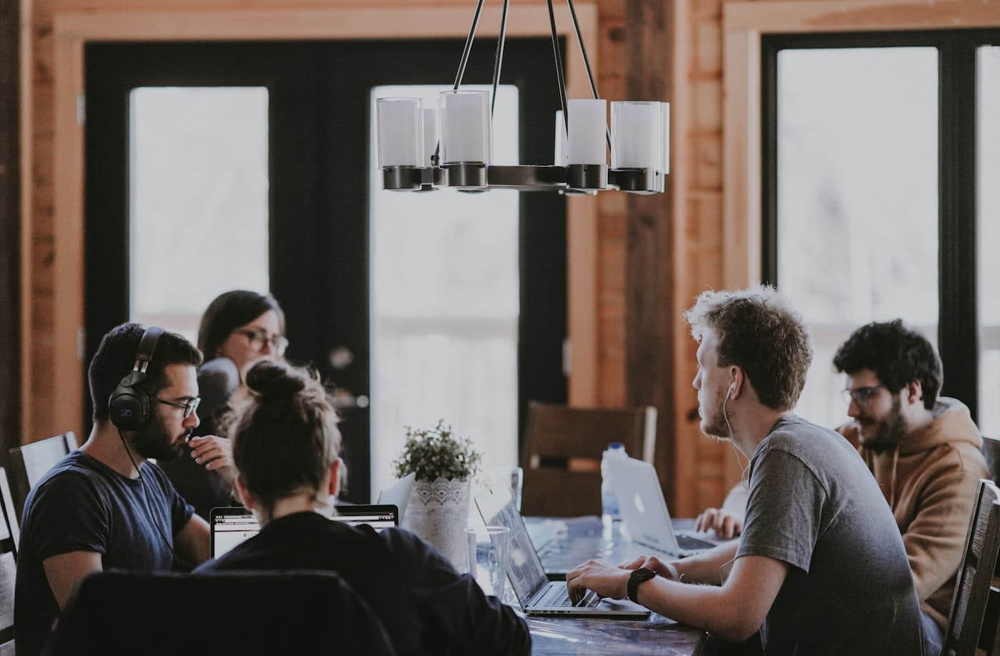 A team collaborating in an open workspace